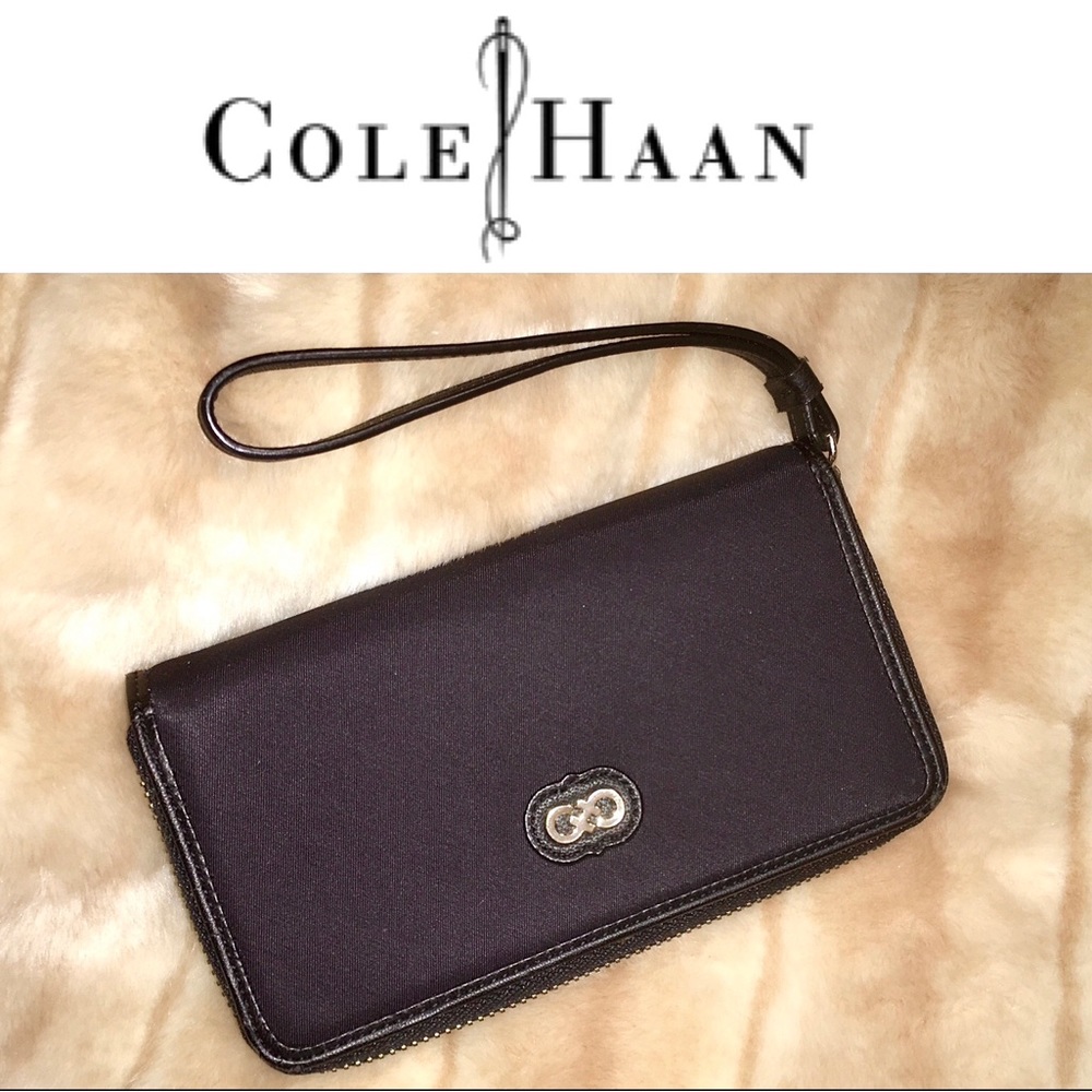 COLE HAAN black textile zip around wristlet